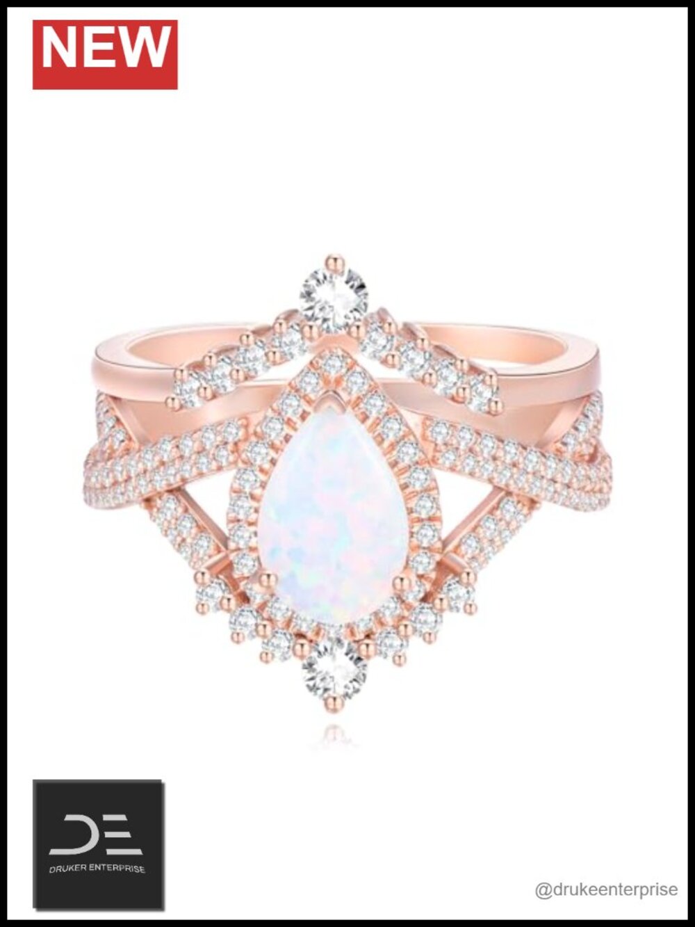 1.5ct Pear Opal Engagement Ring Set Sterling Silver Rose Gold Vintage Halo 2pc